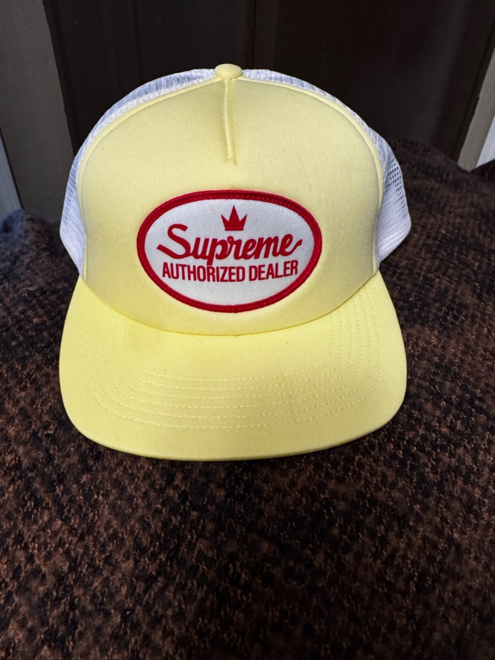 Supreme Yellow and White Authorized Mesh Back 5 Panel Trucker Hat